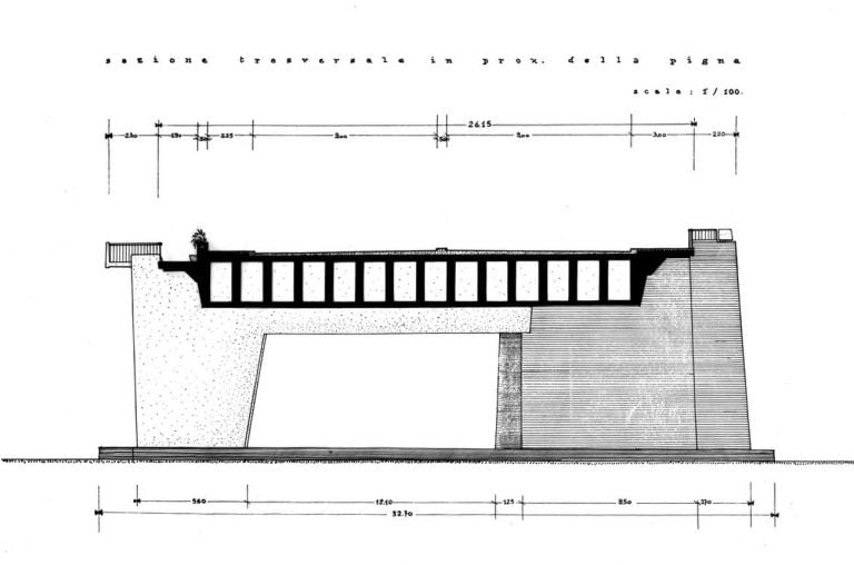 Concorso per il ponte Vespucci a Firenze (1955, 5° classificato, in collaborazione con gli ingegneri C. Messina, M. Margheri e V. Palmisano). Courtesy Università degli Studi di Firenze, BST – Archivi di Architettura, Fondo Giovanni Klaus Koenig