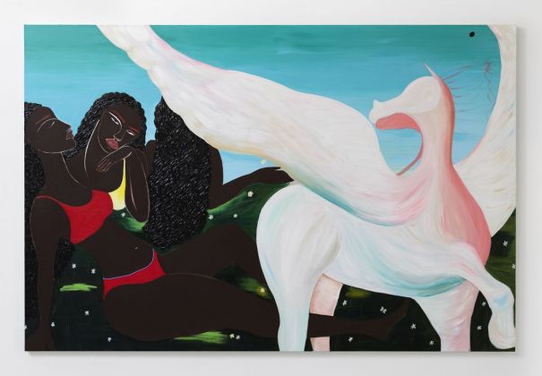 Delphine Desane, In the dark we hide the heart that bleeds. Three Graces on a spiritual journey, 2020, acrylic on canvas, 121.9x182.8 cm. Courtesy the artist and Luce Gallery, Torino. Photo Andrea Ferrari