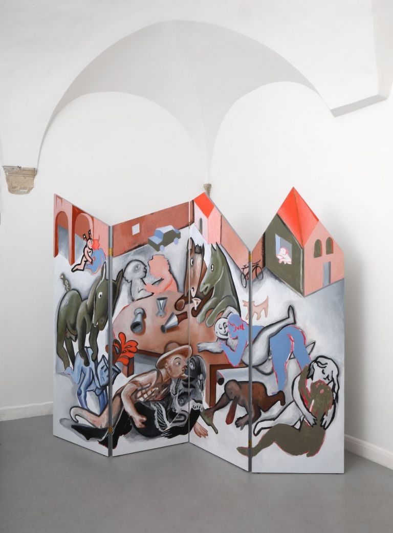 Giovanni Copelli, Scherzo (fronte), 2019, olio e acrilico su tavola, cm 175x220x2. Installation view at Operativa, Roma