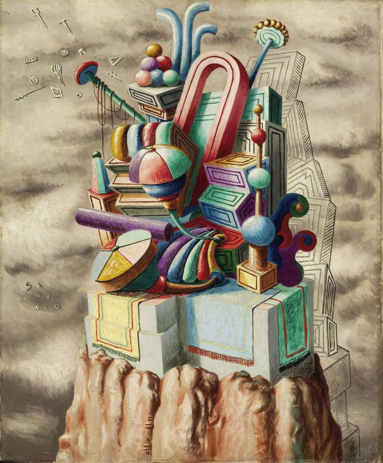 Monumento ai giocattoli, 1930, olio su tela, 80 x 65,5 cm. Milano, collezione Prada. Courtesy Farsettiarte, Prato © Alberto Savinio by SIAE 2021