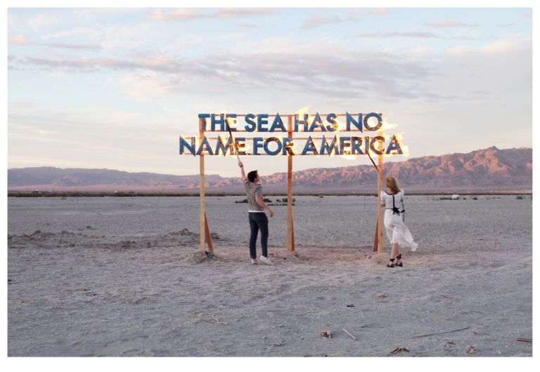 Robert Montgomery, The sea has no name for America, 2018, Bombay Beach Biennale at the Saltoun Sea in the California Desert