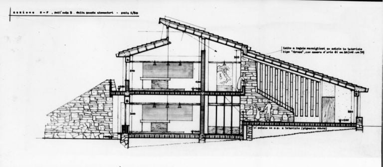 Scuole elementari e materne di San Marcello Pistoiese (1956, in collaborazione con l’ingegnere C. Messina). Sezione. Courtesy Università degli Studi di Firenze, BST – Archivi di Architettura, Fondo Giovanni Klaus Koenig