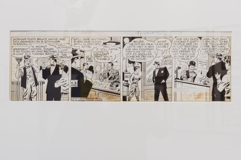 Striscia disegnata da Bob Kane dal titolo Batman et Robin du 14 07 1945 presente all'interno della mostra Masters of Marvel & DC al PAFF! di Pordenone. Foto Elisa Caldana