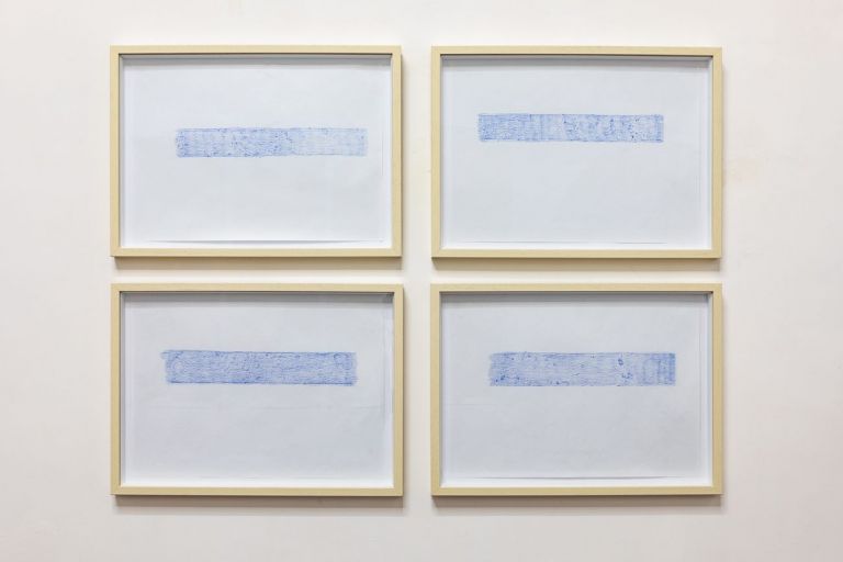 Teresa Gargiulo, how to draw an island – notes #1, notes #2, notes #3, notes #4, 2020, frottage, pastello su carta, cm 29.7x42 ciascuno. Photo Danilo Donzelli. Courtesy the artist & Galleria Tiziana Di Caro