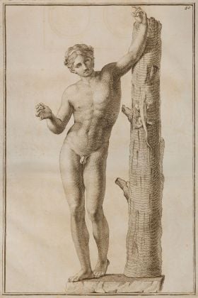 Anonimo, Statua di Apolline con la lucertola presente nella collezione di Villa Borghese, incisione inserita in J. J. Winckelmann, “Monumenti Antichi inediti”, 1767, incisione all’acquaforte