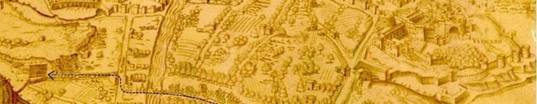 Dettaglio della mappa di Roma incisa nel 1561 da Sebastiano Re e disegnata da Giovanni Dosio, con Papa Giulio e la Curia mentre muovono verso Villa Giulia. Photo via Europeana
