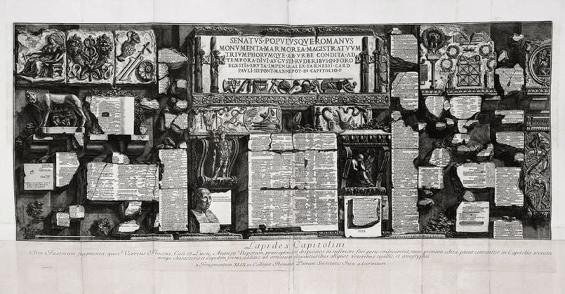 Giovanni Battista Piranesi, Lapides Capitolini 1762 con Antichità di Cora e Castello dell’Acqua Giulia, Roma 1764, incisione all’acquaforte