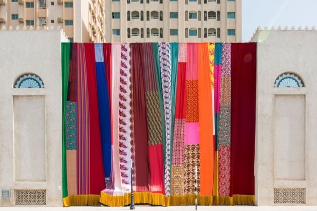 Joe Namy, Libretto-o-o. A Curtain Design in the Bright Sunshine Heavy with Love, 2017. Installation view at Sharjah Biennial 13, Sharjah Art Foundation, 2017. Commissioned by Sharjah Art Foundation