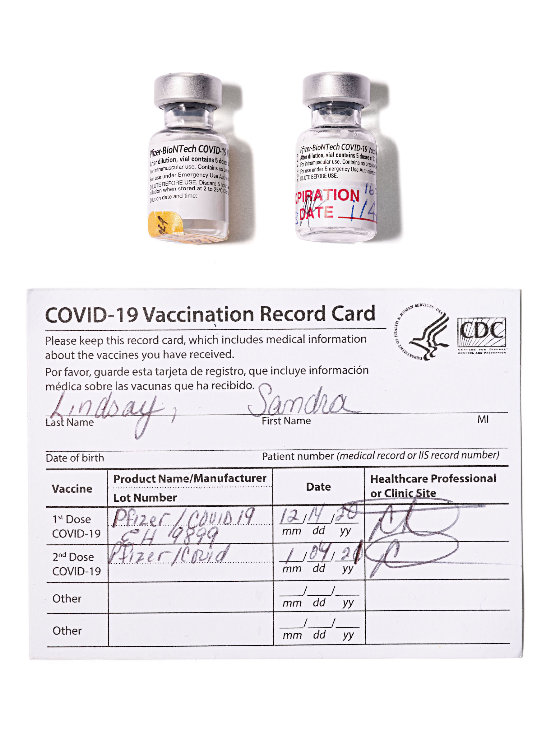 Two vials and Nurse Sandra Lindsay’s vaccine record card. Courtesy of the National Museum of America History