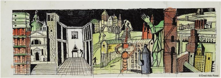 Aldo Rossi, Fantasia architettonica con elementi del cimitero di San Cataldo a Modena, della scuola di Broni e di altri progetti, s.d. Collezione MAXXI Architettura. Archivio Aldo Rossi © Eredi Aldo Rossi