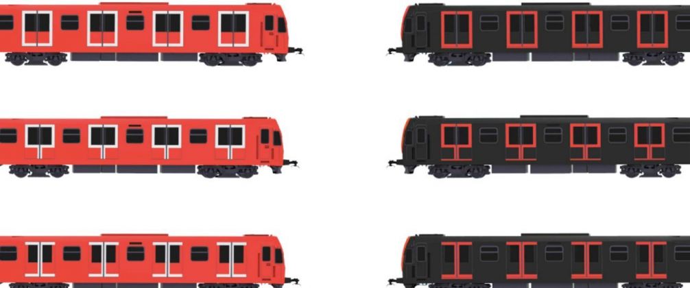 Alcune soluzioni di livree dei treni Leonardo disegnati da Annalisa Dominoni e Benedetto Quaquaro per ATM e prodotti da Hitachi Rail per la linea 1 rossa. Credits Carlo Bevilacqua