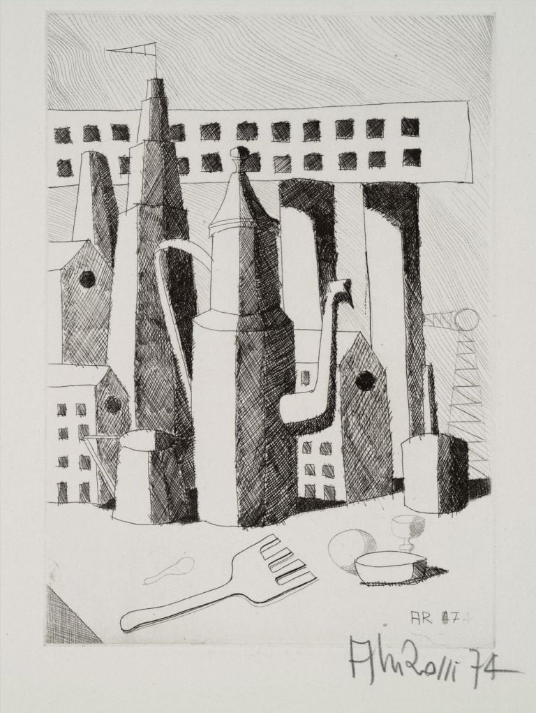 Aldo Rossi, Composizione architettonica con caffettiera e altri utensili da cucina, 1974. Collezione MAXXI Architettura. Archivio Aldo Rossi © Eredi Aldo Rossi