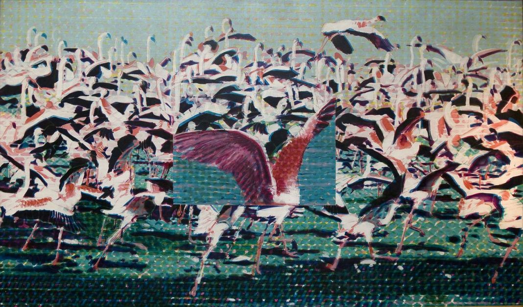 Claudio Cintoli, Flamingos, 1966 67, acrilico su tela, cm 151 x 260. Collezione Virna Lisi (Pieralisi)