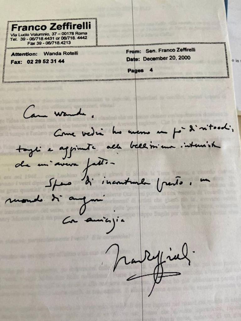 Fax di Franco Zeffirelli a Wanda Rotelli