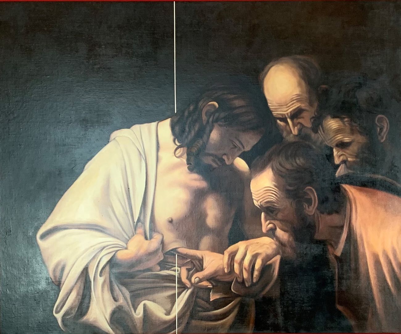 Giovanni Viola, Opera ripresa da L'incredulità di San Tommaso di Caravaggio, 2021, olio su tela di lino