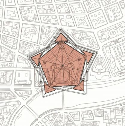 Schema geometrico pentagonale dei bastioni di Castel Sant'Angelo (P. Magnaghi Delfino, G. Mele, T. Norando 2020)