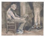 Vincent van Gogh, Uomo che legge accanto al fuoco, gessetto nero, carboncino e acquerello opaco su carta vergata, 47,5 × 56,1 cm, Etten, ottobre-novembre 1881. Kröller-Müller Museum, Otterlo