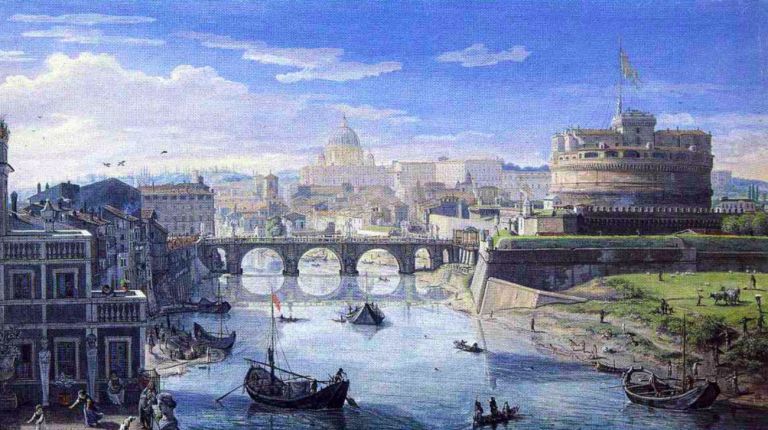 Veduta di Roma con Castel Sant'Angelo e ponte Sant'Angelo verso la Basilica di San Pietro (1683) – Gaspar van Wittel
