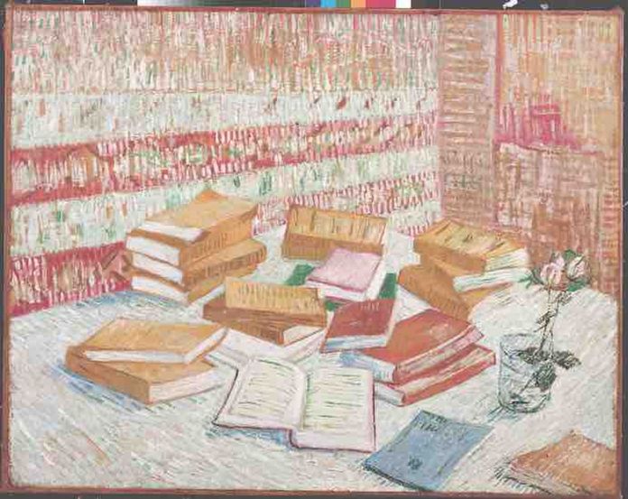 Vincent van Gogh, Romanzi francesi con rosa in un bicchiere (Romans parisiens), olio su tela, 73 × 93 cm, Parigi, ottobre novembre 1887. Collezione privata Vincent van Gogh, Romanzi francesi con rosa in un bicchiere (Romans parisiens), olio su tela, 73 × 93 cm, Parigi, ottobre-novembre 1887. Collezione privata