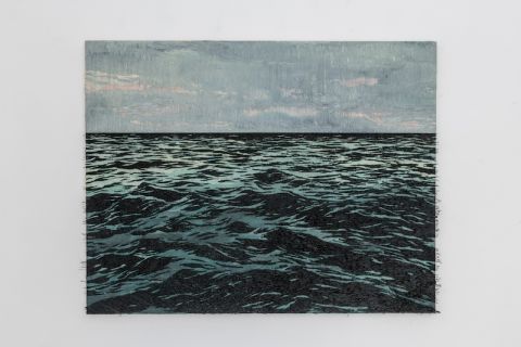 Yoan Capote, Isla (inteligible), 2019, dipinto ad olio e ami da pesca su pannello di compensato e tela, 134x172 cm, photo credit the artist