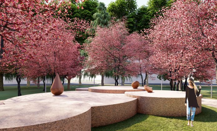 Le sculture di Kengiro Azuma in mezzo ai ciliegi in fiore