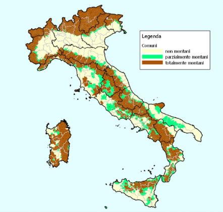 Classificazione del suolo italiano per grado di “montanità”. Elaborazione di Arzeni A. e Sotte F. di dati Istat in Lo sviluppo imprenditoriale agricolo nelle aree montane, Agriregionieuropa, a. 9 n. 34, settembre 2013