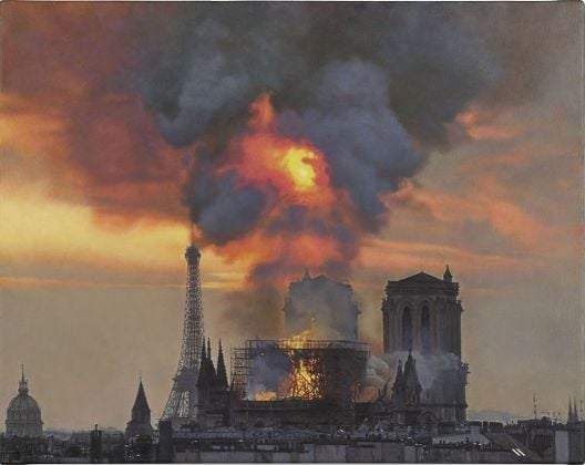 Damien Hirst, Notre Dame on Fire, 2019, olio su tela, 40,5x51 cm. Courtesy the artist & Gagosian