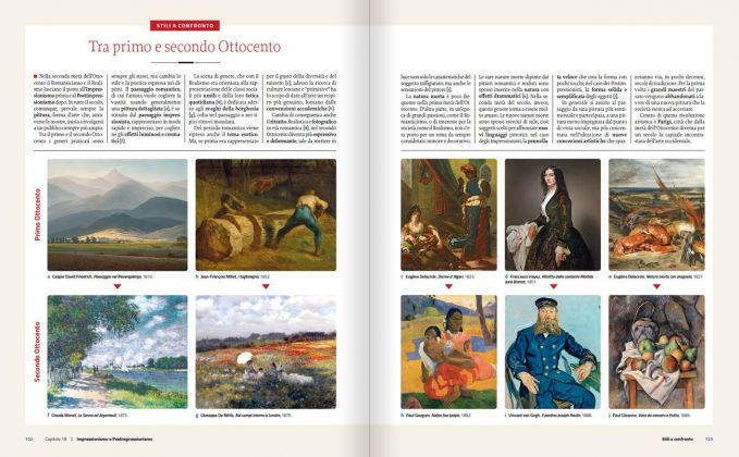 Emanuela Pulvirenti, Artelogia (Zanichelli, Milano 2021). Una doppia pagina di inizio capitolo con stili e soggetti a confronto