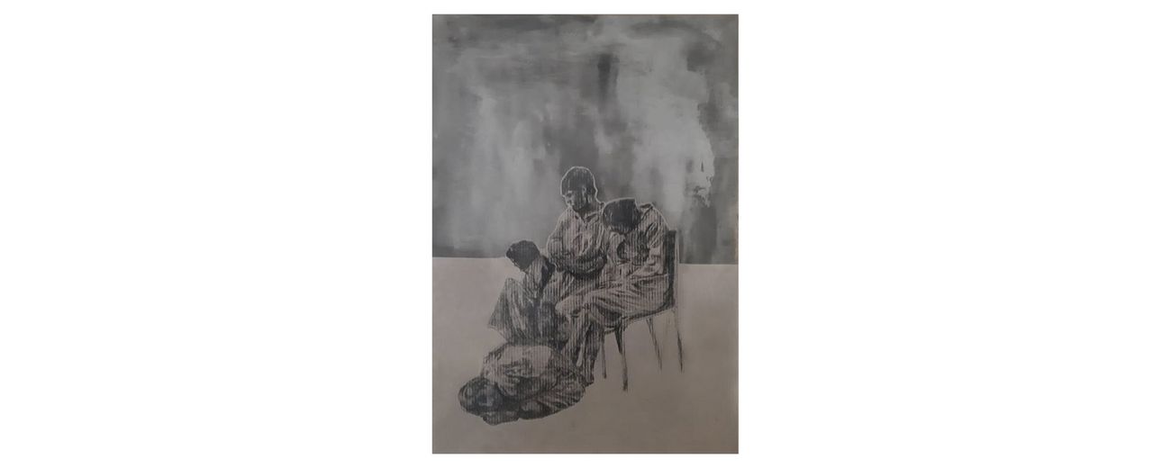 Ivan Bedeschi, Sulla condizione manicomiale, 2021, carboncino, collage e cemento su tela, 100x70 cm