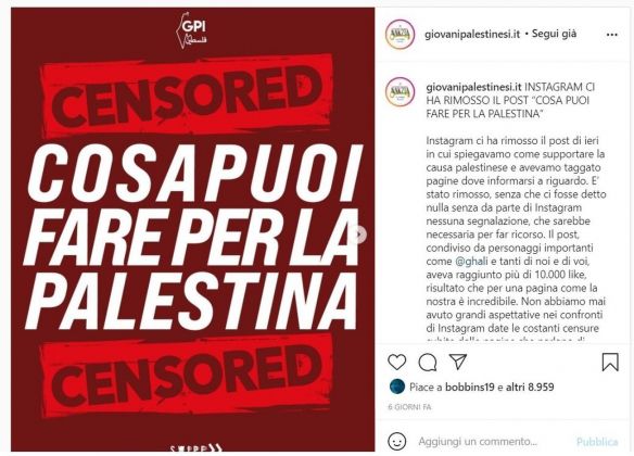 La censura di Instagram su un account pro Palestina