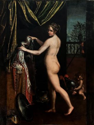 Lavinia Fontana, Minerva in atto di abbigliarsi, 1613, olio su tela, cm 258x190. Roma, Galleria Borghese