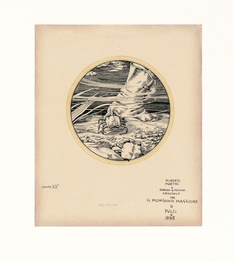 Alberto Martini, Tondo con granchio e stivale. Canto XX, illustrazione per il Morgante Maggiore di Luigi Pulci, 1895. Courtesy Galleria Carlo Virgilio