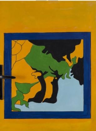 Festa, Paesaggio con la maniglia, 1969, smalto su tela e maniglia in metallo, cm.80x60, coll. Carpi