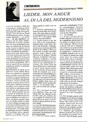 Lieder, mon amour. Al di là del modernismo. Intervista di Demetrio Paparoni a Franco Battiato, Tema Celeste, n. 32 33, 1991