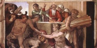 Michelangelo, Sacrificio di Noè, 1508 10 ca., affresco, 170×260 cm. Cappella Sistina, Musei Vaticani, Città del Vaticano