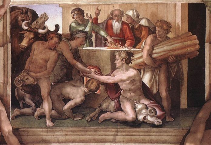 Michelangelo, Sacrificio di Noè, 1508 10 ca., affresco, 170×260 cm. Cappella Sistina, Musei Vaticani, Città del Vaticano