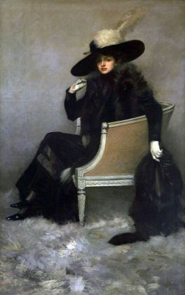 Pilade Bertieri, Lady in black furs, 1912, olio su tela, cm 222x131. Courtesy Beatrice Burati Anderson