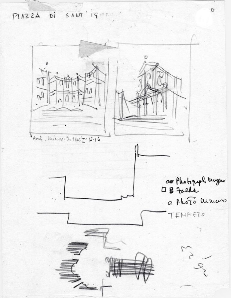 Studi su piazza Sant’Ignazio. Schema preliminare per la tesi di laurea di Robert Venturi (1950). Courtesy The Architectural Archives, University of Pennsylvania, by the gift of Robert Venturi and Denise Scott Brown