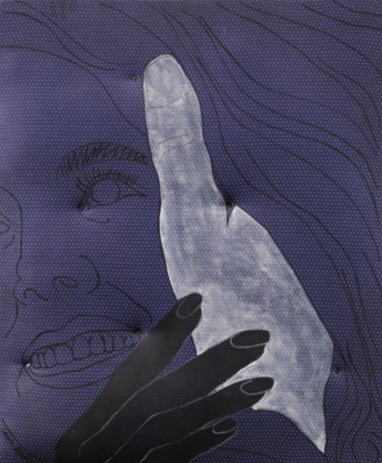 Tacchi, La mano nei capelli, 1966, inchiostri su tessuto imbottito e chiodi su tavola, cm.60x50, coll. Carpi