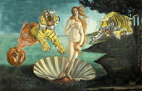 Woman I, Botticelli, Nascita di Venere, 1485, Salvador Dalí, Sogno causato dal volo di un’ape, 1944. Courtesy Claudia Storelli