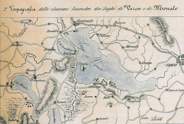 Mappe ottocentesca delle stazioni palafitticole dei laghi di Varese (da Marinoni, 1868 – Le abitazioni lacustri e gli avanzi di umana industria in Lombardia).