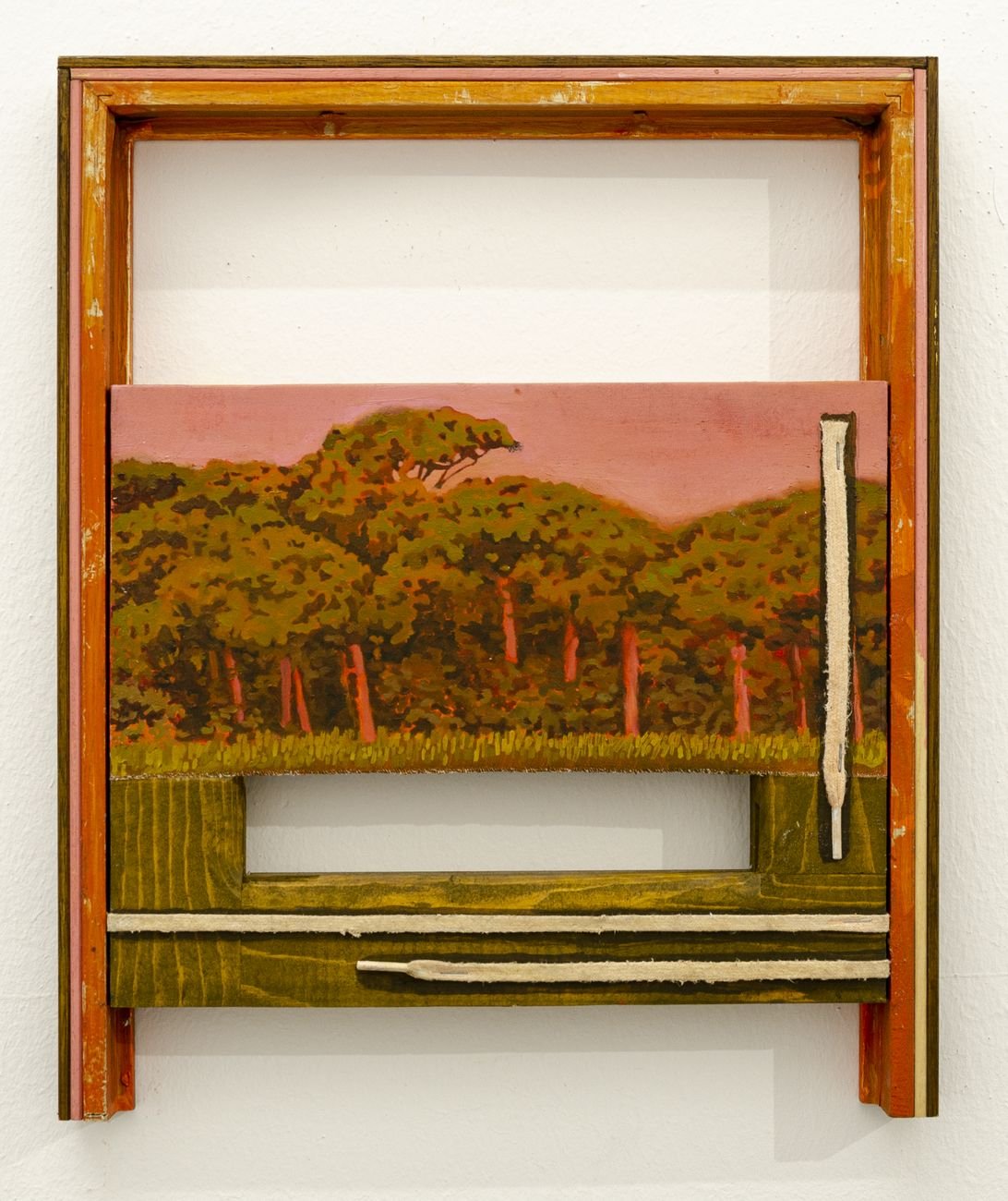 Cosimo Casoni, Vie di fuga (la fiumara), 2020, olio su tela, lacci usati, cornice d’artista, 41x34 cm