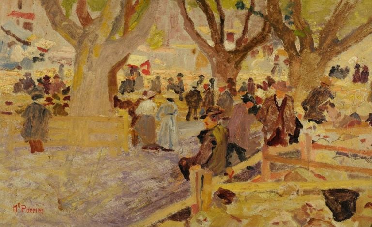 Mario Puccini, Mercato di montoni a Digne, 1910 ca., olio su cartone, 32x53 cm. Collezione privata