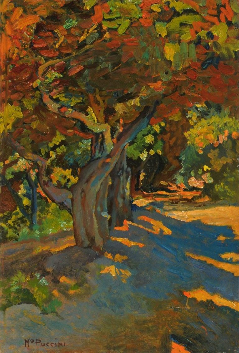 Mario Puccini, Strada nel bosco, olio su tavola, 35,5x24,2 cm. Collezione privata