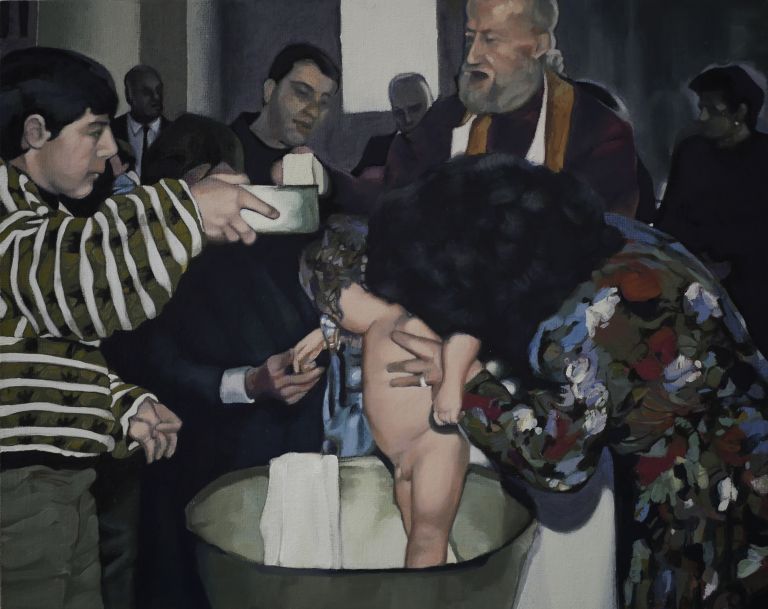 Marwan Moujaes, The Baptism of the Artist, 2019. Olio su tela, 24x30 cm