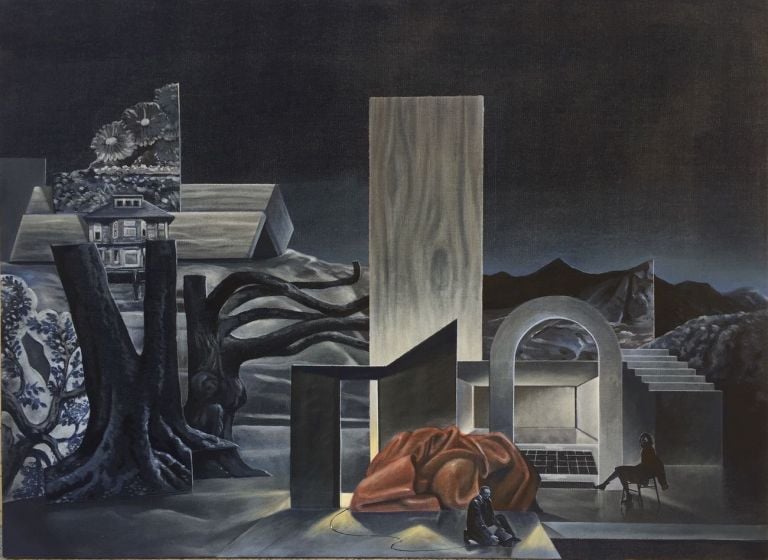 Vanni Cuoghi, Surrender (La messa in scena della Pittura), 2021, acrilico e olio su tela di jeans, cm 70x95