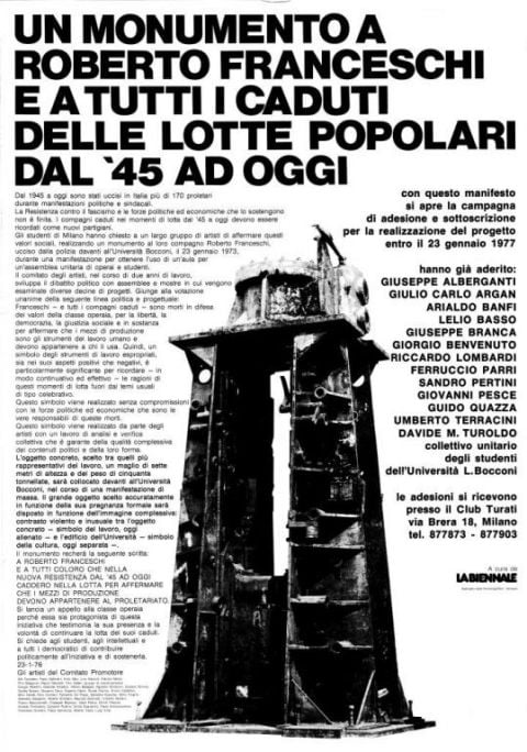 La presentazione del monumento alla Biennale 76. Manifesto di Enzo Mari, via Fondazione Franceschi