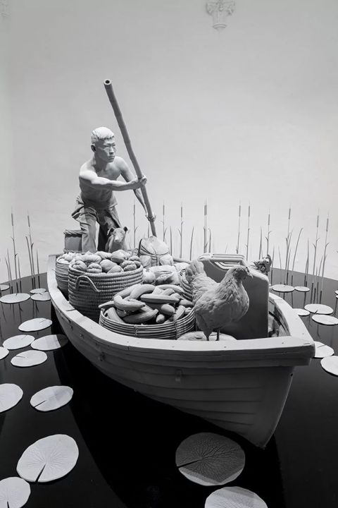 Hans Op de Beeck , The Boatman 2020, polyester, steel, wood, MDF, epoxy, glass fiber, polyamide, synthetic gypsum, coating, reed, glass, PA, rubber, bamboo Photo Ela Bialkowska, OKNO Studio