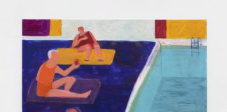 Katherine Bradford, Drinks by the pool, 2021, acrylic on canvas. Courtesy Kaufmann Repetto