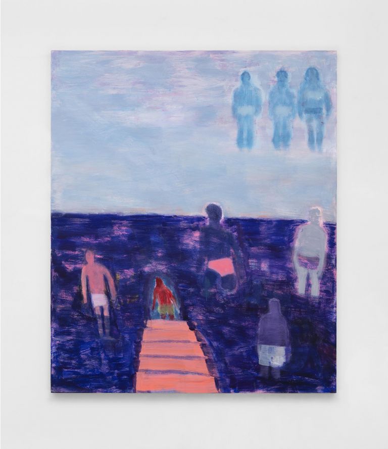 Katherine Bradford, Lifeguards in the sky, 2021, acrylic on canvas. Courtesy Kaufmann Repetto